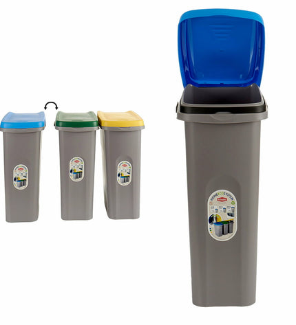Set of six Stefanplast 25L blue and gray plastic waste bins for home kitchen storage and organization.