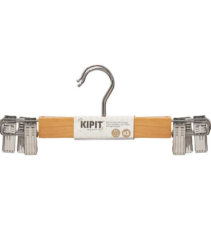 Kleerhangerset Kipit in bruin zilverkleurig hout en metaal, 24 stuks, voor kleding en opslag, met klemmen in verschillende formaten.