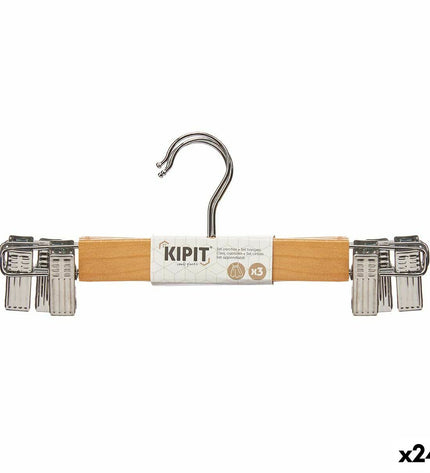Kleerhangerset Kipit in bruin en zilverkleurig hout en metaal, 24 stuk, voor huis, koken, opslag en organisatie.