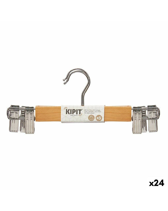 Kleerhangerset Kipit in bruin en zilverkleurig hout en metaal, 24 stuk, voor huis, koken, opslag en organisatie.