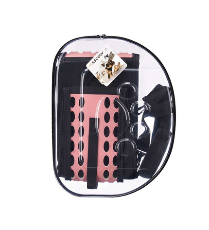 Set of four Mascow pink plastic small animal carriers, 43 x 20 x 33 cm, suitable for transporting small pets.