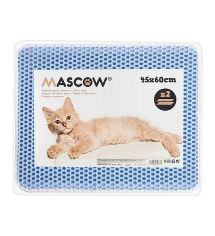 Blue cat litter mat by Mascow, 60x45 cm, showing 12 durable, non-slip mats with textured surface for easy cleaning.
