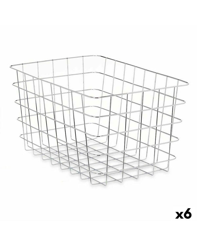 Set of six silver Kinvara rectangular metal storage baskets for home organization, measuring 38x21x26 cm.