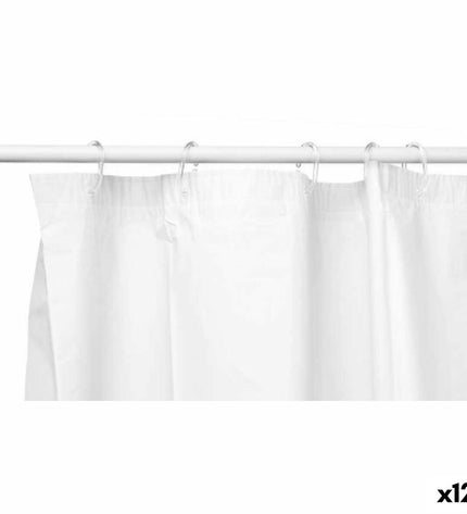 Set of 12 Berilo white polyethylene EVA shower curtains, 180x180 cm, for bathroom use, with a close-up of the fabric texture.