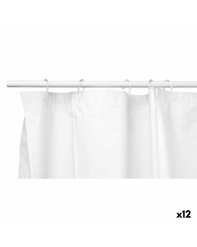 Set of 12 Berilo white polyethylene EVA shower curtains, 180x180 cm, for bathroom use, with a close-up of the fabric texture.