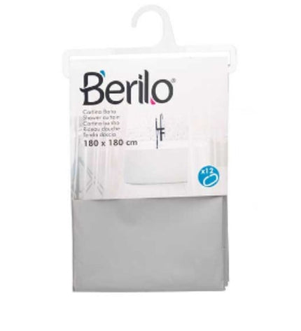 Berilo Grijs polyethylene EVA shower curtain set with 12 pieces, 180x180 cm, ideal for bathroom privacy and decor.