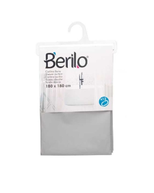 Berilo Grijs polyethylene EVA shower curtain set with 12 pieces, 180x180 cm, ideal for bathroom privacy and decor.