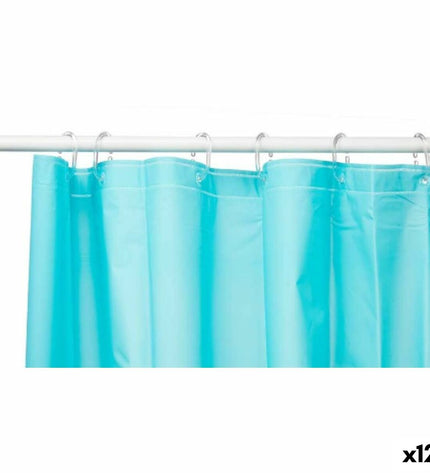 Berilo blauw polyethyleen EVA douchegordijn, 180x180 cm, shown hanging in a bathroom setting, set of 12.