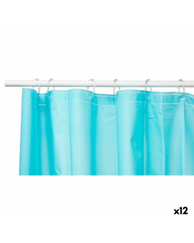 Berilo blauw polyethyleen EVA douchegordijn, 180x180 cm, shown hanging in a bathroom setting, set of 12.
