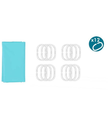 Berilo blauw polyethyleen EVA douchegordijn, 180 x 180 cm, set of 12, suitable for bathroom and shower use.