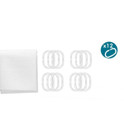 Berilo polyester shower curtain with white polka dots, 180x180 cm, hanging in a bathroom setting, set of 12 pieces.