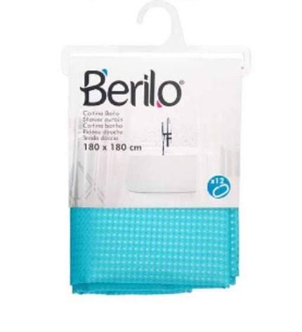 Berilo Blauw polyester douchegordijn with blue dot pattern, 180x180 cm, shown hanging in a bathroom setting.