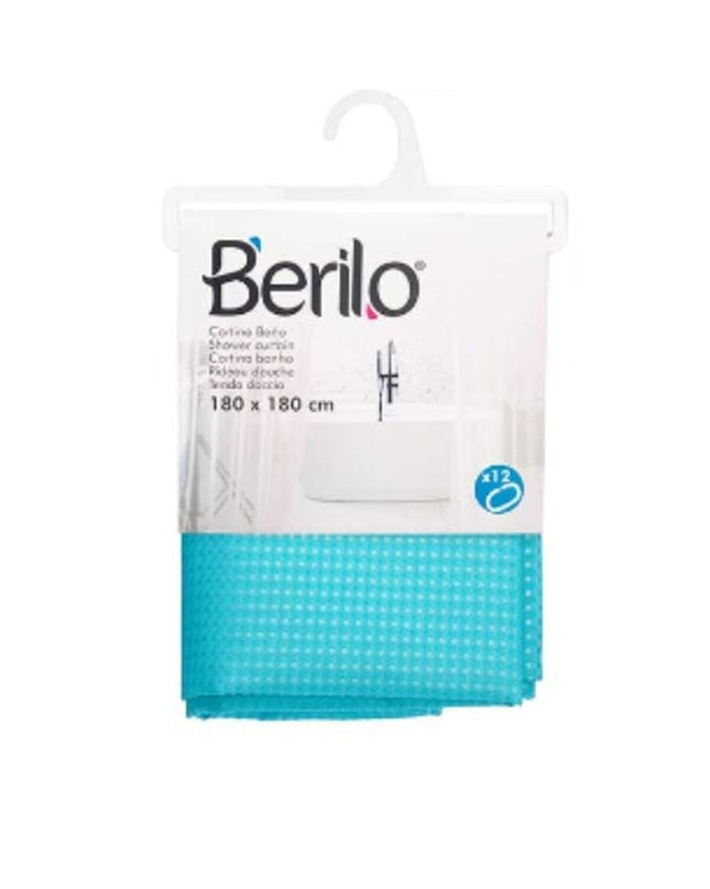 Berilo Blauw polyester douchegordijn with blue dot pattern, 180x180 cm, shown hanging in a bathroom setting.