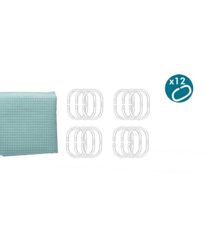 Berilo turquoise polyester shower curtain with 12 punched holes, measuring 180x180 cm, featuring a dotted pattern for bathroom decor.