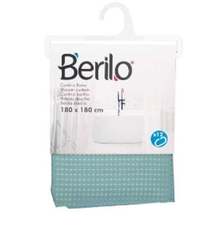 Berilo turquoise polyester shower curtain with 12 point pattern, 180x180 cm, suitable for bathroom decor and privacy.