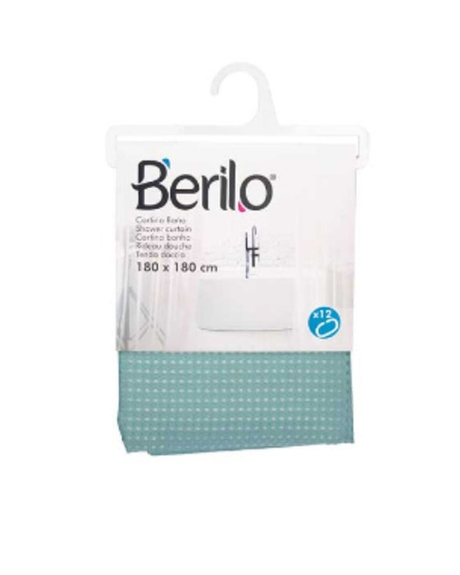 Berilo turquoise polyester shower curtain with 12 point pattern, 180x180 cm, suitable for bathroom decor and privacy.