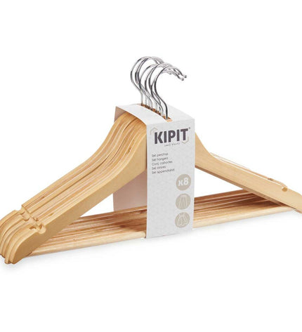 Kleerhangerset Kipit in bruin hout en metaal, 8 stuks, voor kleding en opslag, afmetingen 44,5 x 23 x 10 cm.