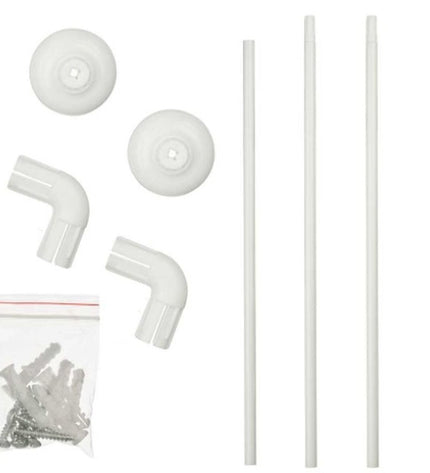 Berilo white aluminum shower curtain rod 90x90 cm with 18 shower curtains in bathroom and kitchen setting.