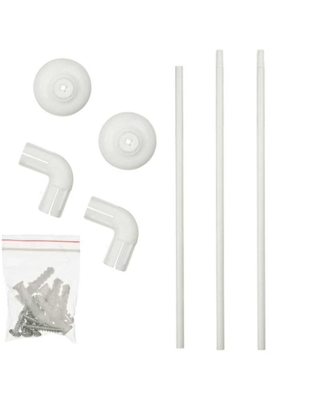 Berilo white aluminum shower curtain rod 90x90 cm with 18 shower curtains in bathroom and kitchen setting.