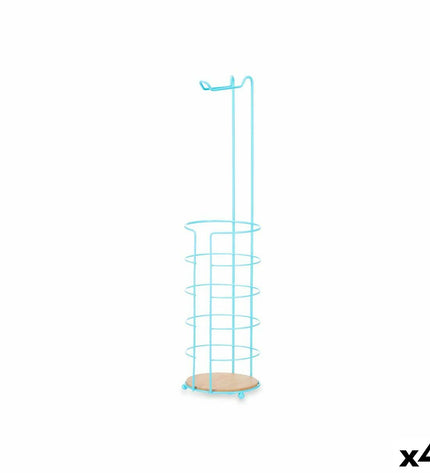 Set of four blue Berilo toilet paper holders mounted on bathroom wall, measuring 16.5 x 63.5 x 16.5 cm each.