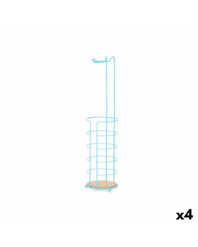 Set of four blue Berilo toilet paper holders mounted on bathroom wall, measuring 16.5 x 63.5 x 16.5 cm each.