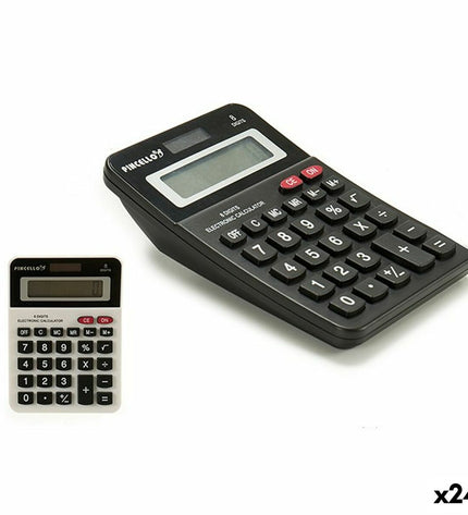 Set of 24 Pincello white and black pocket calculators, compact 10x4x14.5 cm, ideal for office and stationery use.