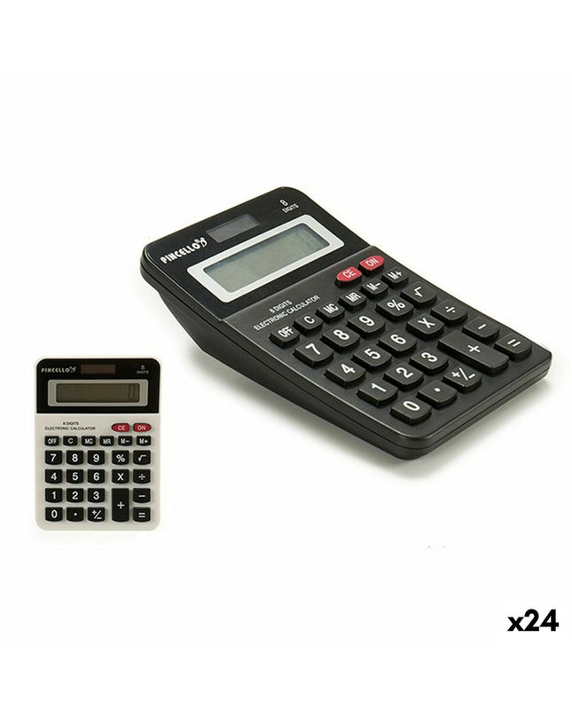 Set of 24 Pincello white and black pocket calculators, compact 10x4x14.5 cm, ideal for office and stationery use.