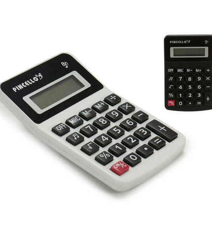 Pincello white and black plastic calculator with 7.5 x 2.5 x 11.5 cm size, shown in a close-up image.