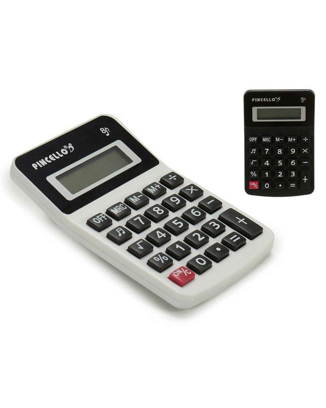 Pincello white and black plastic calculator with 7.5 x 2.5 x 11.5 cm size, shown in a close-up image.