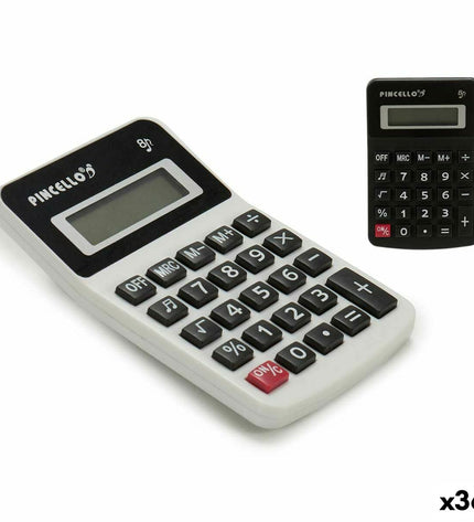 Pincello white and black plastic calculator, compact 7.5 x 2.5 x 11.5 cm, ideal for office supplies and stationery.