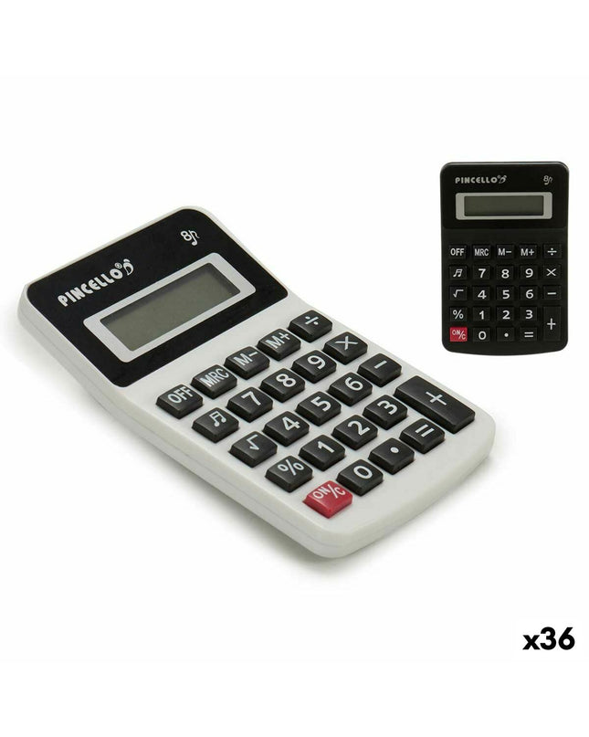 Pincello white and black plastic calculator, compact 7.5 x 2.5 x 11.5 cm, ideal for office supplies and stationery.