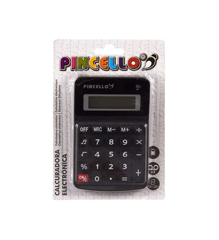 Pincello white and black plastic calculator with 7.5 x 2.5 x 11.5 cm size, shown in a box of 36 office electronics and stationery items.