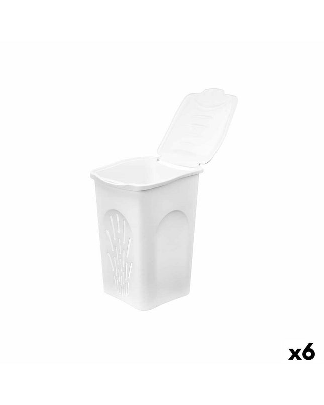Set of six Stefanplast white plastic laundry baskets, 50L capacity, measuring 37x56x39 cm, for home organization and storage.