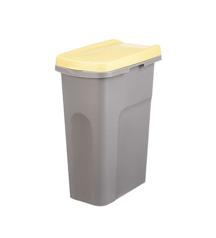 Six Stefanplast yellow and gray 25L plastic waste bins, ideal for home kitchen organization and storage.