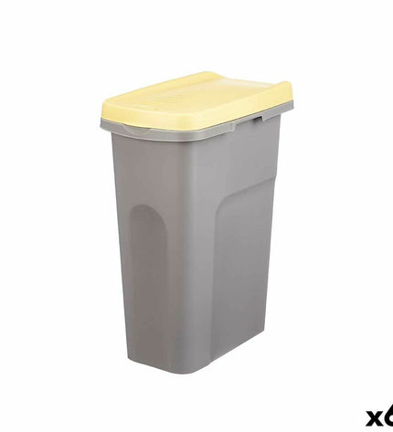 Set of six Stefanplast yellow and gray 25L plastic waste containers for home, kitchen, and organization storage.
