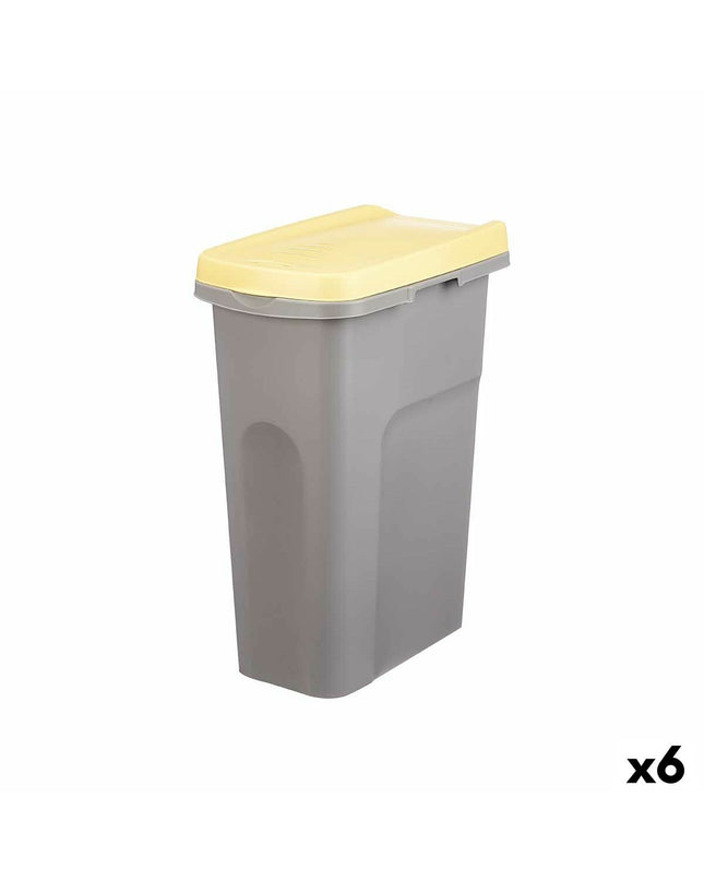 Set of six Stefanplast yellow and gray 25L plastic waste containers for home, kitchen, and organization storage.