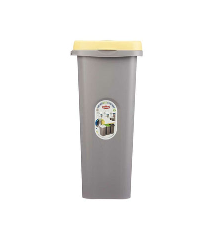 Six yellow and gray Stefanplast 25L plastic afvalemmers, ideal for household waste storage and organization.