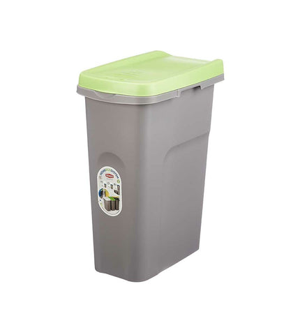 Six Stefanplast 25L green and gray plastic waste bins for home storage and organization, shown in a clean, organized setting.