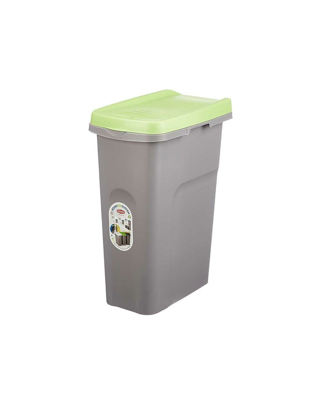 Six Stefanplast 25L green and gray plastic waste bins for home storage and organization, shown in a clean, organized setting.