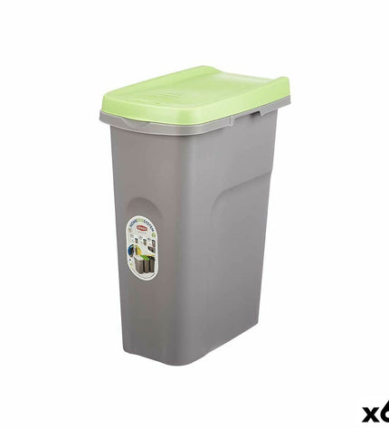 Set of six Stefanplast green and gray 25L plastic waste bins for home and kitchen storage and organization.
