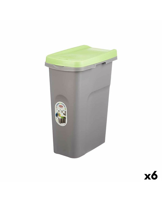 Set of six Stefanplast green and gray 25L plastic waste bins for home and kitchen storage and organization.