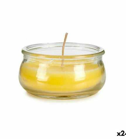 Set of 24 yellow glass garden candles by Ibergarden in a decorative outdoor lighting display.