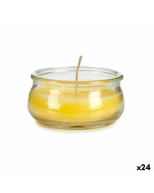 Set of 24 yellow glass garden candles by Ibergarden in a decorative outdoor lighting display.