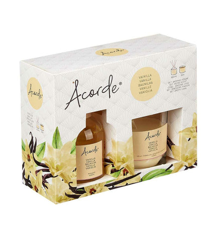 Six Acorde Vanille air freshener sets in 100 ml bottles for home and kitchen decor, featuring vanilla scent and sleek packaging.
