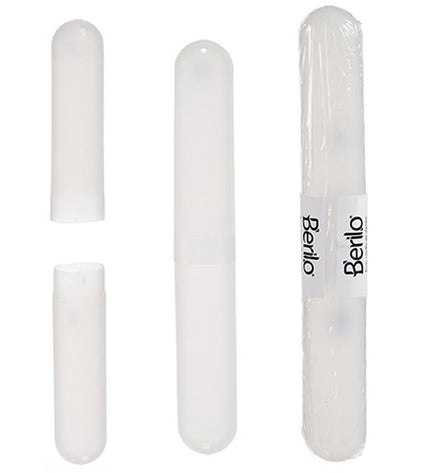 Transparent Berilo toothbrush holder in polypropyleen, 20x2x3 cm, shown with multiple toothbrushes in a bathroom setting