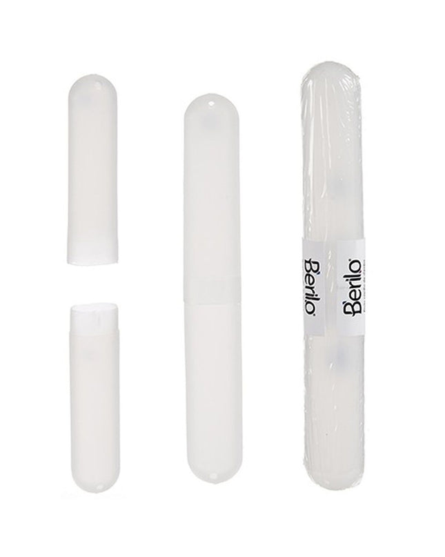 Transparent Berilo toothbrush holder in polypropyleen, 20x2x3 cm, shown with multiple toothbrushes in a bathroom setting