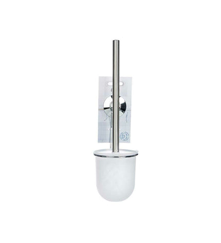Set of 12 white Berilo toilet brushes with stainless steel handles, 10x36x10 cm, for bathroom cleaning.