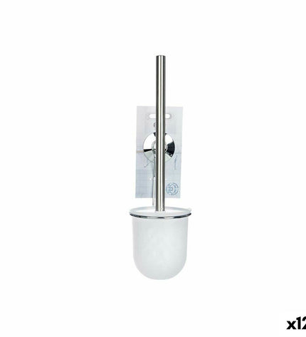 Set of 12 Berilo white toilet brushes with steel handles, each measuring 10x36x10 cm, for bathroom cleaning.