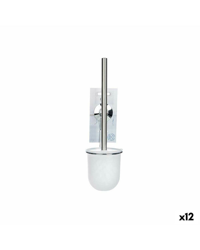 Set of 12 Berilo white toilet brushes with steel handles, each measuring 10x36x10 cm, for bathroom cleaning.