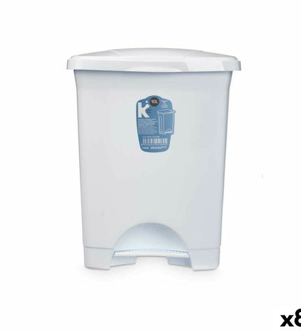 Set of 8 white plastic 10L pedal trash bins for home use, designed for kitchen and storage organization by BigBuy Home.